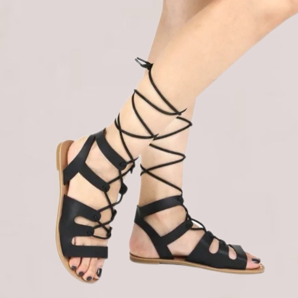 Qupid Black Leather Lace-Up Gladiator Sandals Size 6 - Picture 5 of 11